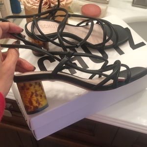 Schutz Ankle Strap Black Tortoise Heels Sandals New in Box 5.5